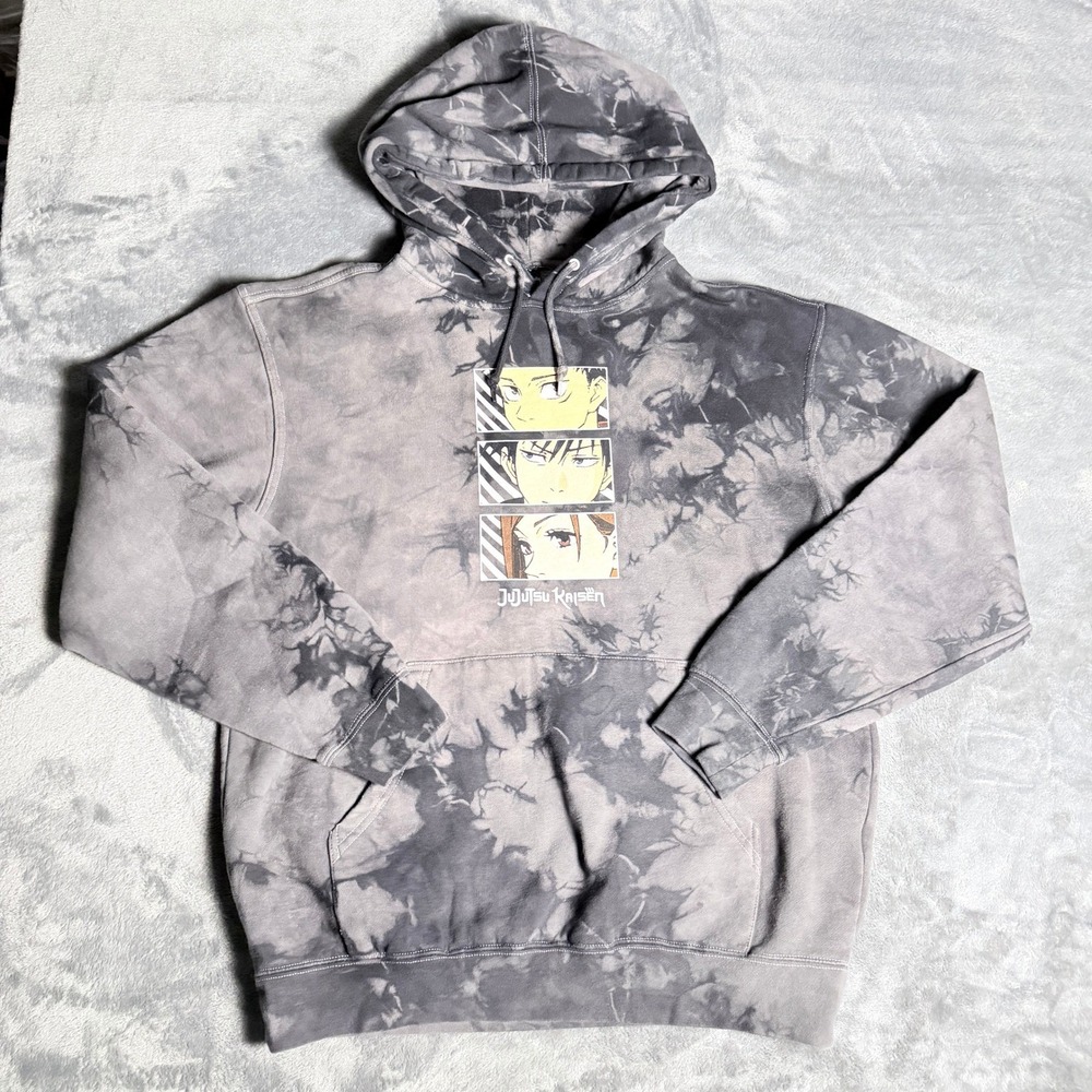 Jujutsu Kaisen Tie Dye Hoodie Mens SZ Large Grey Black Anime Graphic Pullover